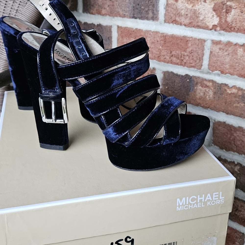 Michael Kors Faye Platform blue velvet sandals heels